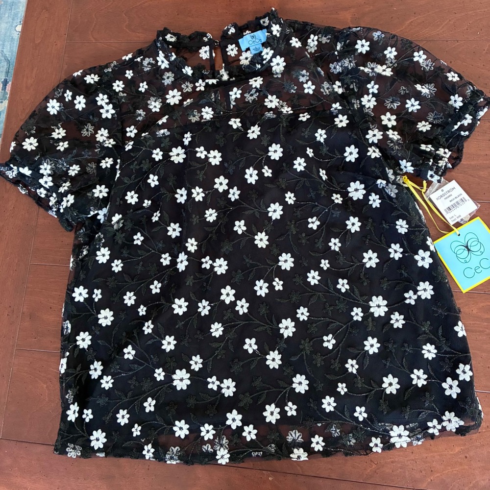 CeCe Rich Black Floral Embroidered Mesh Mock Neck Puff Sleeve Top NWT Large